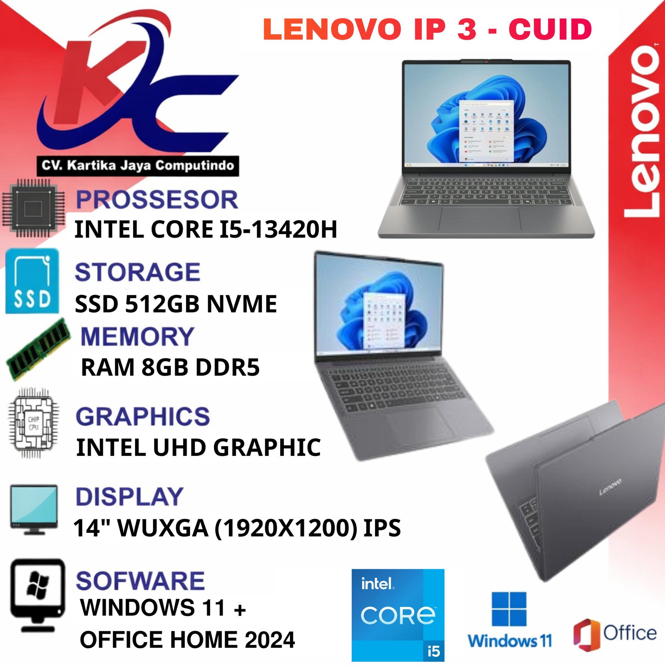 LENOVO IP 3 - CUID  I5-13420H/ 8GB/ SSD 512GB/ W11 OHS+M365 GREY